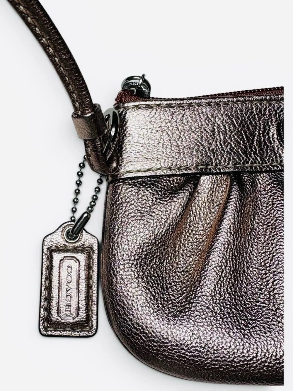 Coach Metallic Rose Gold Poppy Pleated Wristlet Turnlock Clutch EUC